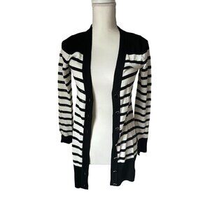 WHITE HOUSE BLACK MARKET WHBM Black White Sequin Striped Button  Cardigan Sz XS